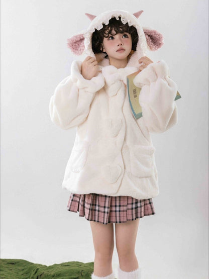 White Cute Lamb Ears Hooded Winter Cozy Plush Coat