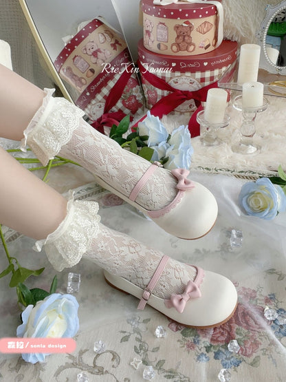 Schuhe Schleife Schnalle Kreis Lolita Beige Flach Rosa mit Spitze Rund Abnehmbar Süß
