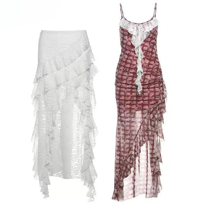 Hem Glamorous Bittersweet Pattern Red Skirt White Dress Cami Set- Plaid Lace Butterfly Asymmetrical +