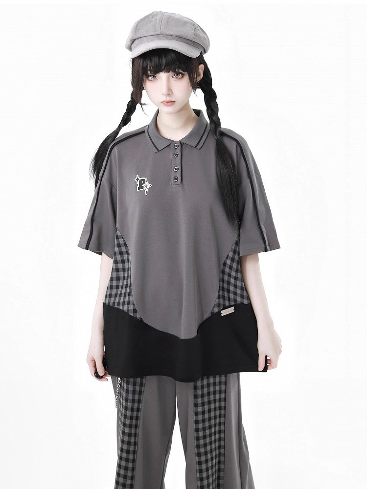 Gray Plaid Patchwork Design Polo Collar Loose Casual T-Shirt
