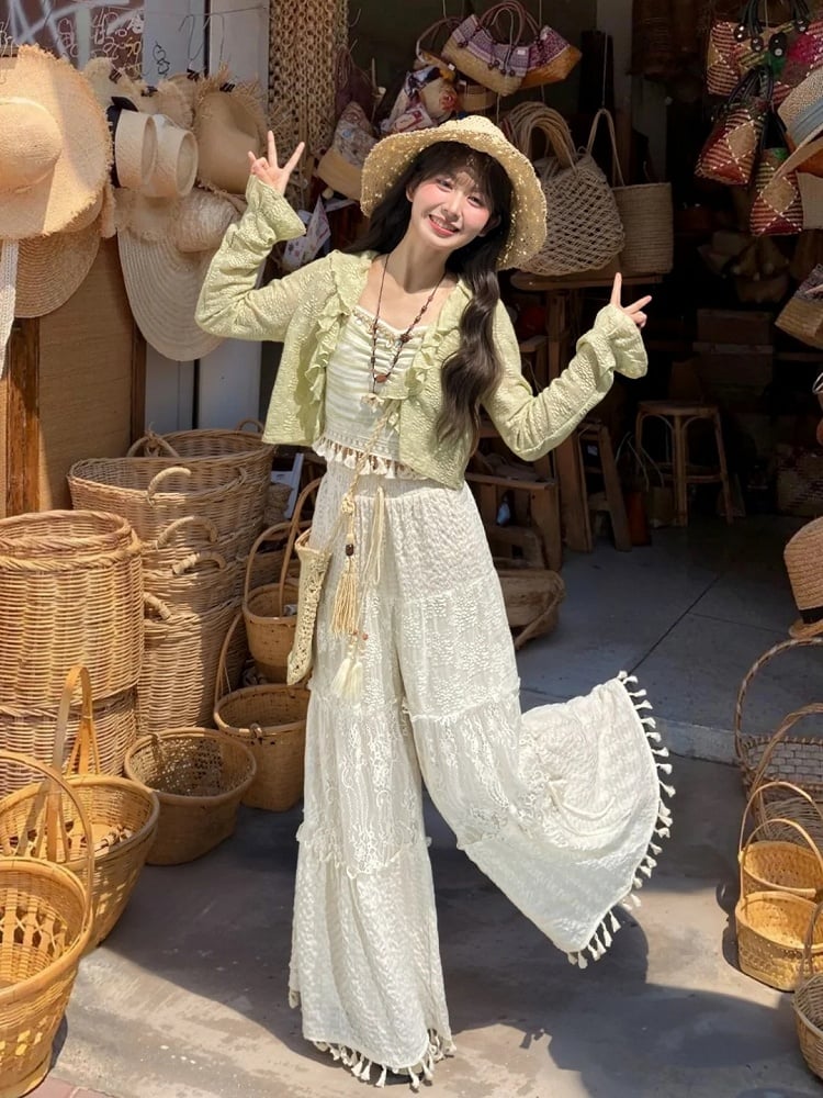 Waist Version White Drawstring Regular/Short Wide-Leg Pants with Tassel Cuffs Hollow-out