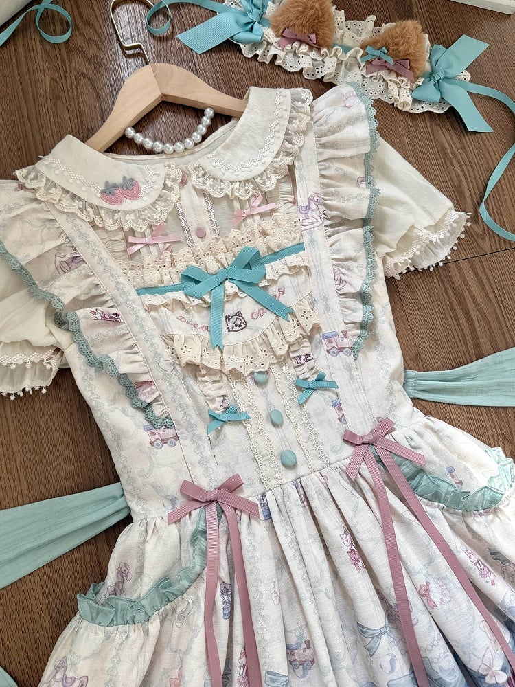 Cute kitty and Green Bows Sweet Lolita Dress Flutter Shoulder Straps Jumper Skirt
