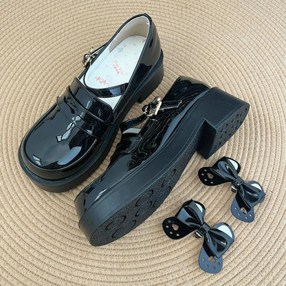 Ear Buckle - Shoes PU JK Heel Detachable Mid Black Bow Polished Academic with Style Bear