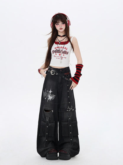 Jeans Black Butterfly Wide-Leg Cargo Print Strap Details Vintage