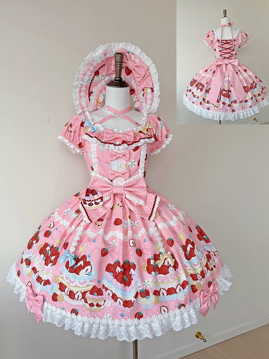 Cake Strawberry Pink Print One Short Sweet Piece Lolita Cute Dress Sleeves