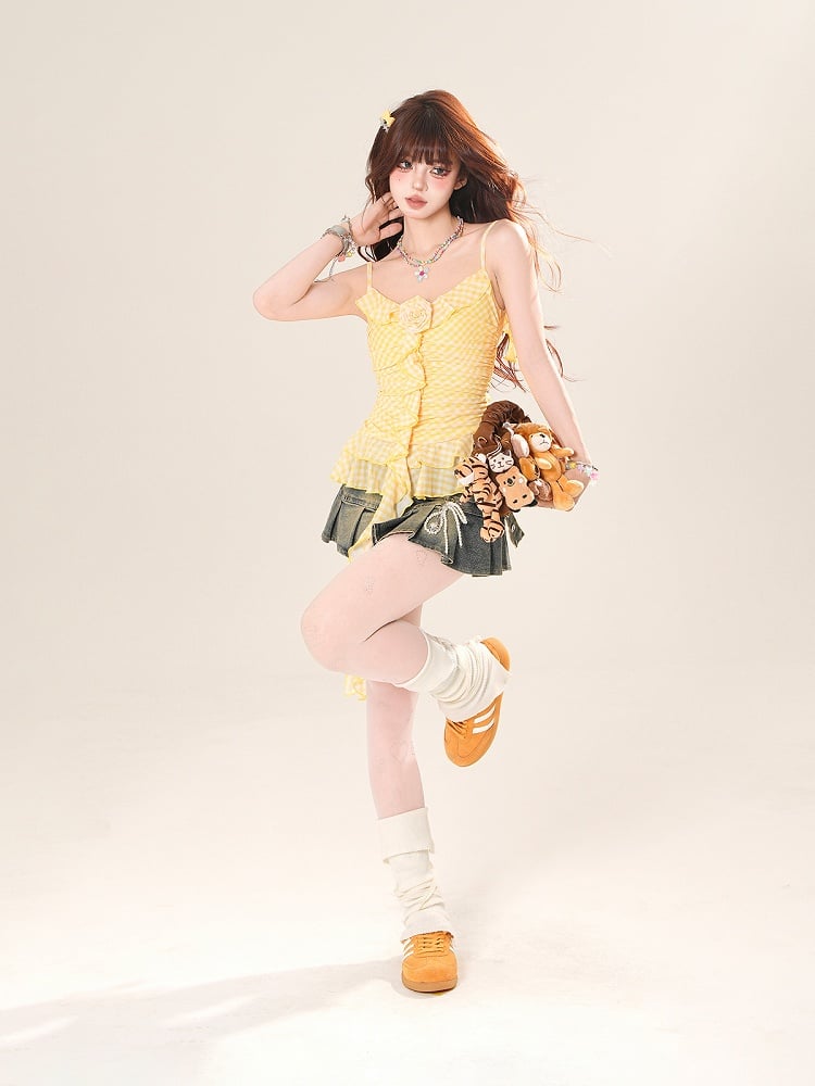 Cascading Ruffle Accents Tiered Hem Chiffon Cami Top Yellow V-neck