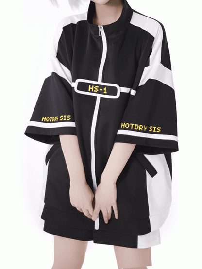 Ellbogenlange Ärmel Jirai Kei Reißverschluss-Sweatshirt Weiß Landmine Style Schwarz