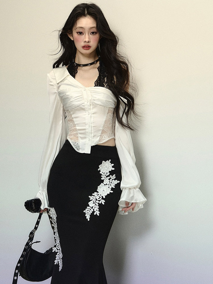 Weiße Bluse mit Spitzenpatch an der Taille und langen Ärmeln mit Neckholder-Design aus schwarzer Spitze