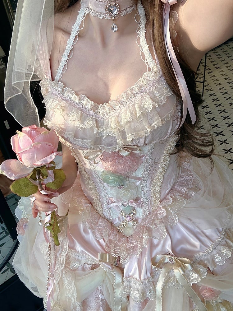 Robe princesse Lolita Hanayome à taille corset et baleines, motif floral rose