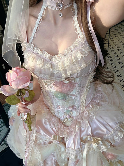 Robe princesse Lolita Hanayome à taille corset et baleines, motif floral rose