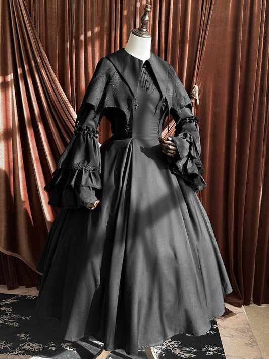 Lolita Bell Pointed Clearance-Size Long M Bust 90CM Gothic Witchy Sleeves Dress Collar Black for