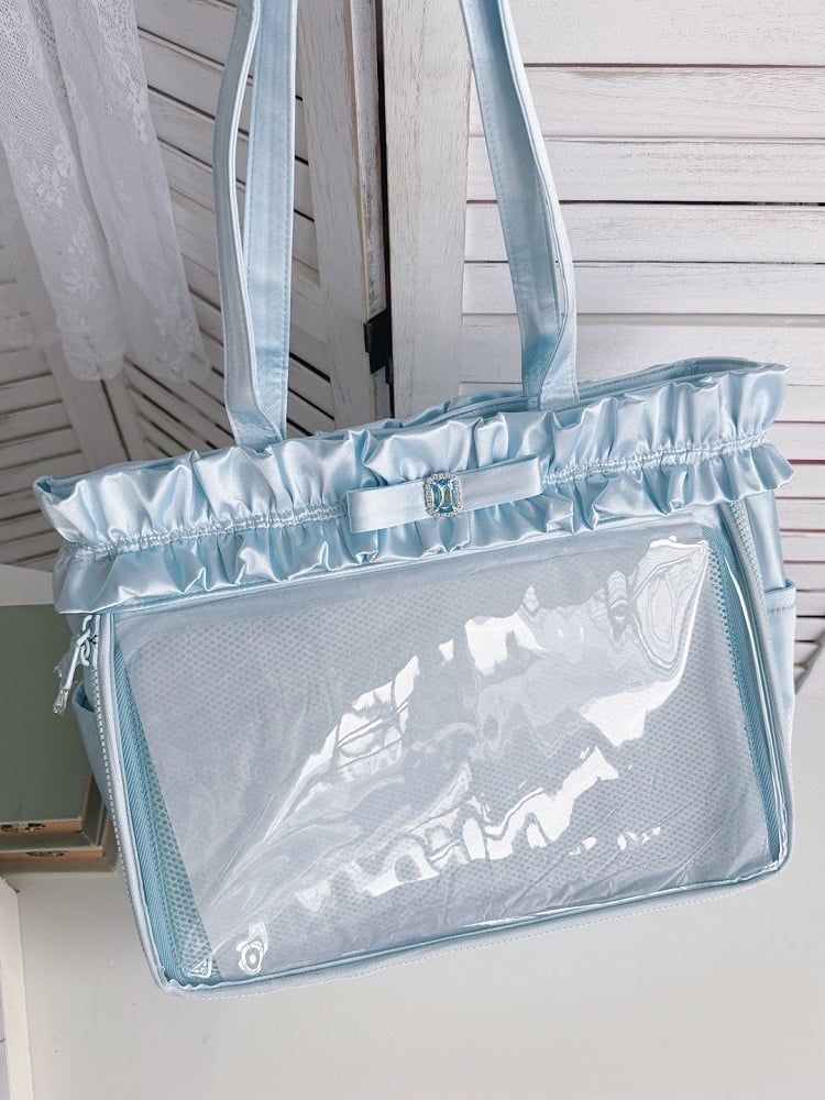 Blue Ruffle Trim Rhinestone Bowknot Ita Tote Bag