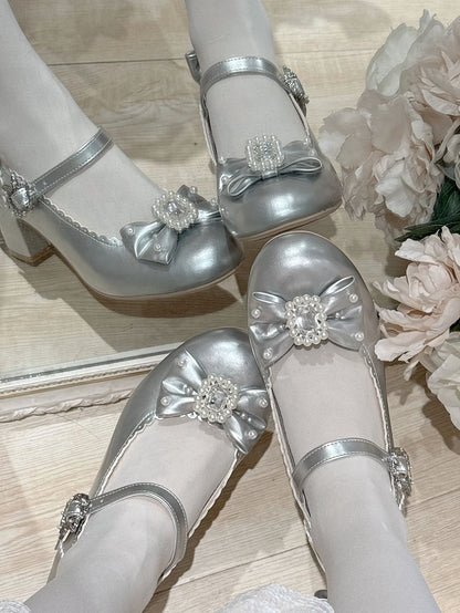 Schuhe Mary Runde Zehen Details Lolita Janes Perlen Silber Und Bowknot Verziert Strass