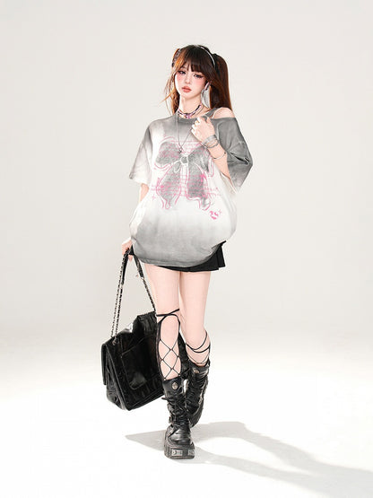 Butterfly Rose Pink/Pink/Gray Loose Shoulder T-Shirt Print Ombre Cutout
