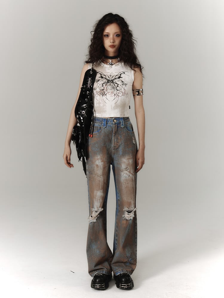 Wasteland Punk Blue Tie Dye Straight Leg Jeans