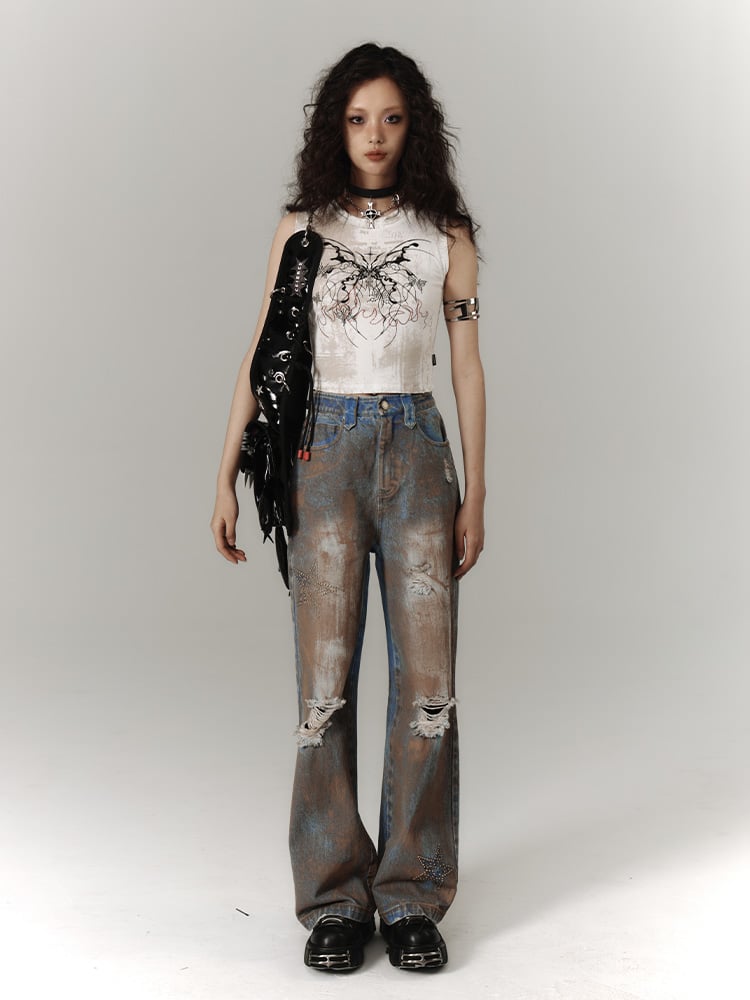 Top Fit Tank Y2K Butterfly Print Slim White