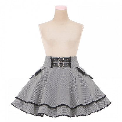 Black & White Houndstooth Double Heart Buckle Bowknot Jirai Kei Tiered Skirt