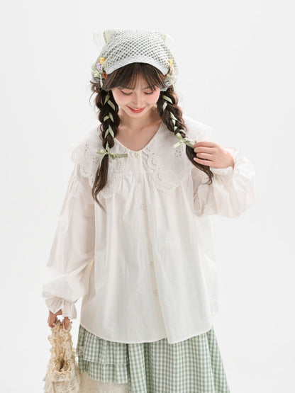 White Oversized Lace Collar Ruffled Cuff Loose Blouse