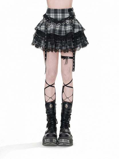 Uniform Tiered Skirt Black Plaid Pattern Straps Buckle JK Lace Trim
