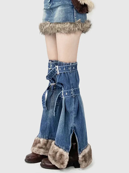Hem + Leg Fashion Slit Plush Skirt Warmers Denim Side Straps Buckle Gyaru Blue