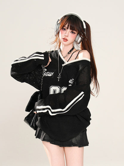 Black/White Asymmetrical Neckline Sun Protection Hollow-out Top