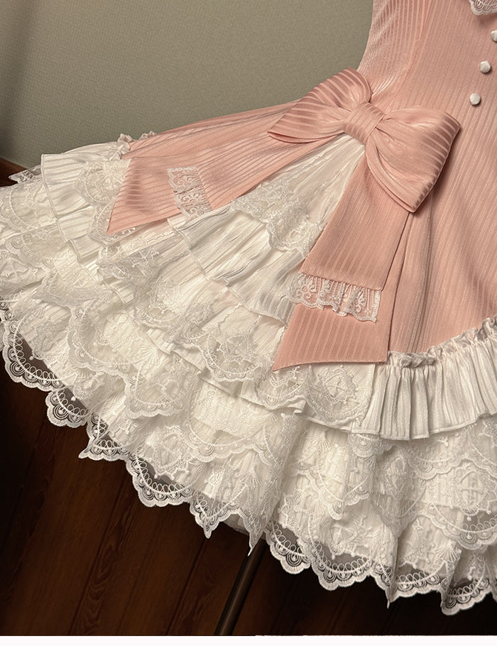 Pink Striped Fabric Slim Fit Waist White Layered Ruffle Neck Sweet Lolita Sleeveless Dress