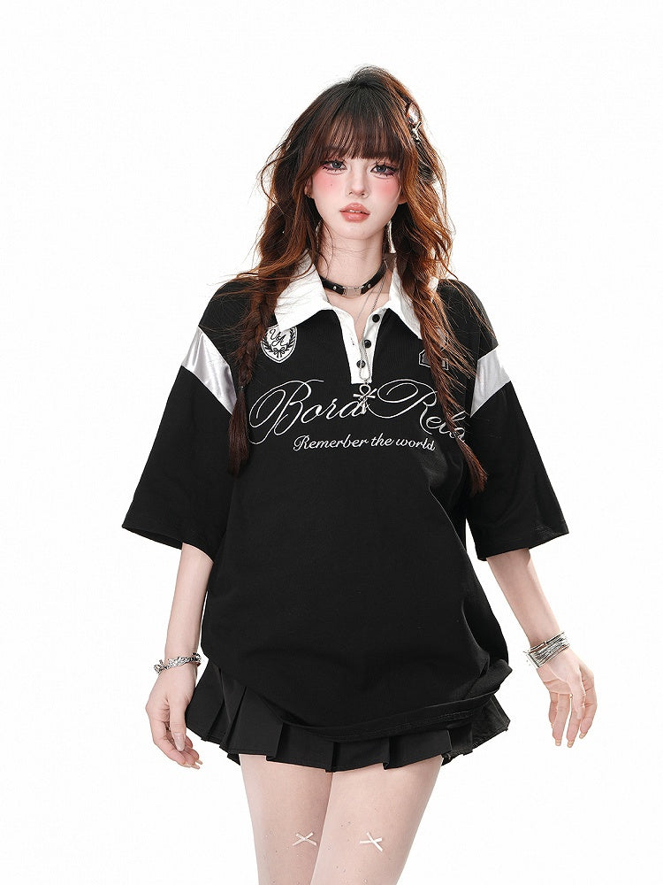 Black/White Polo Collar Preppy Style Sports T-Shirt