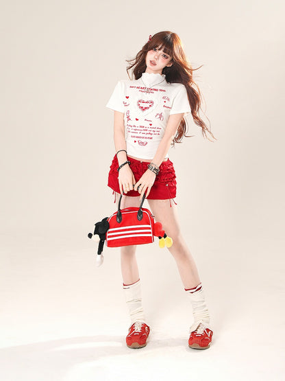 White/Yellow High Neck Ruffled Heart Graphic T-Shirt