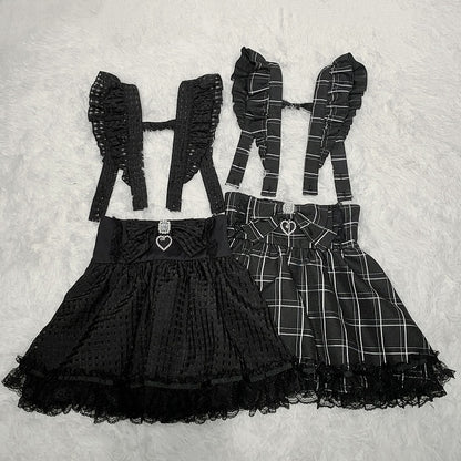 Detachable Kei Skirt Shoulder High Straps / Plaid Jirai Overall Black Waist with