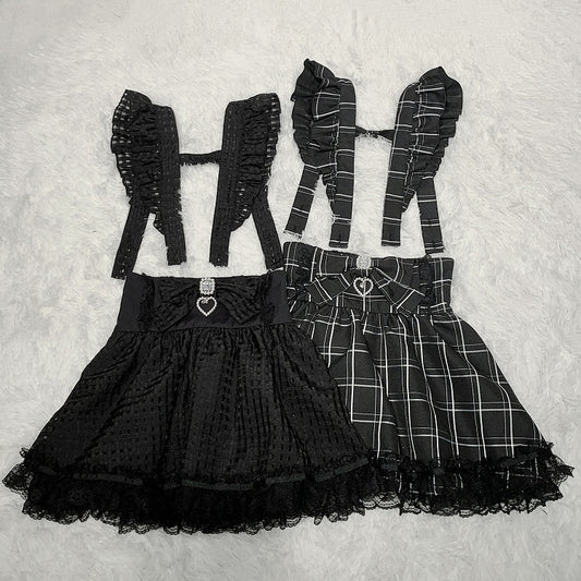 Detachable Kei Skirt Shoulder High Straps / Plaid Jirai Overall Black Waist with