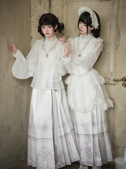 Long Skirt Floral Sleeves Purple + Lolita Print Han Horse-face and Light Blouse White Set Full Snake