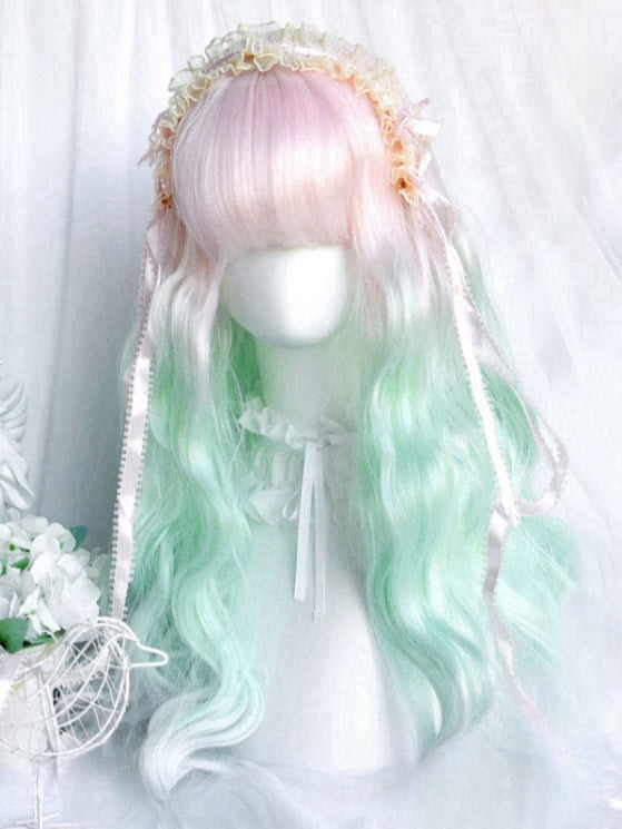 Light Pink&Green Ombre Under Bust Length Wavy Wig With Full Bangs