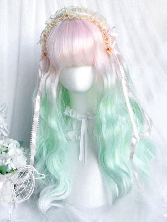 Light Pink&Green Ombre Under Bust Length Wavy Wig With Full Bangs