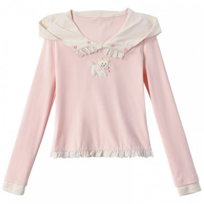 Pink Plush Puppy Pattern Ruffled Lace Trim Slim-fitting Top