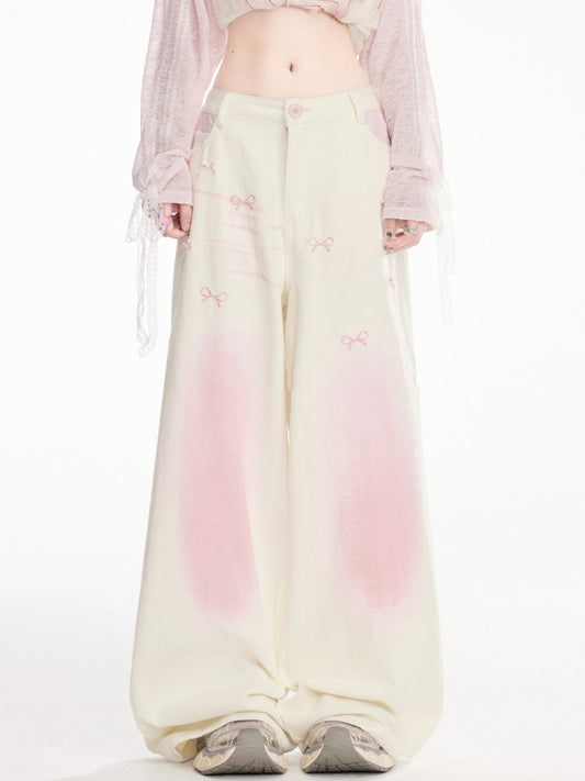 and Pink Ombre Low Apricot Bowknots Print Wide-Leg Pants Waist