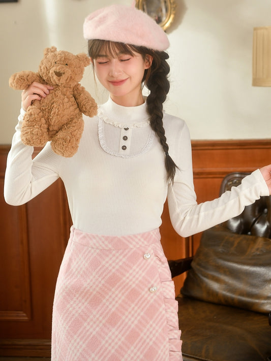 White High Neck Lace Trim Long Sleeves Top