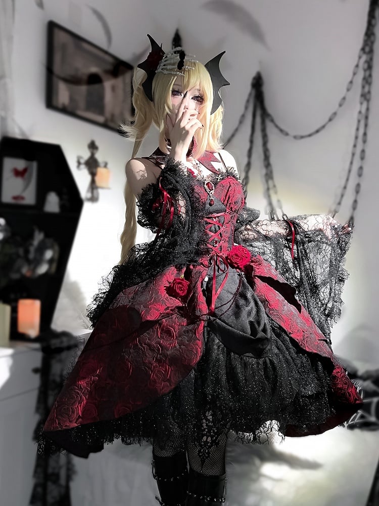 Black and Red Gothic Rosette Fabric High-low Skirt Dress Lolita JSK