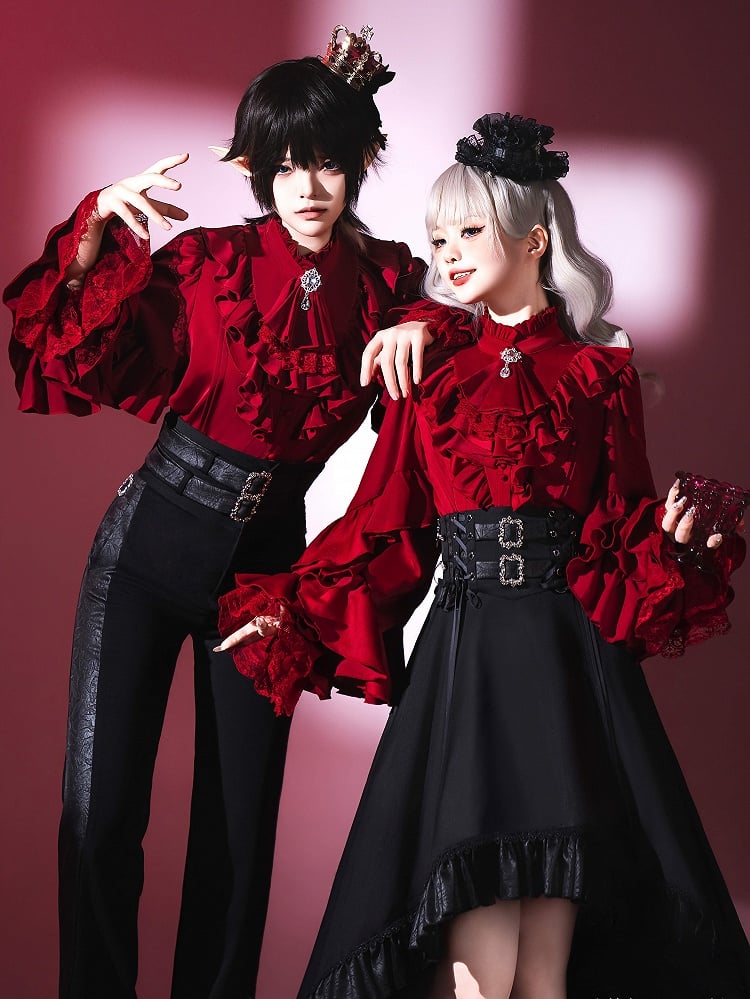 Chemise à manches longues Lolita Vampire Ouji à volants rouge vin