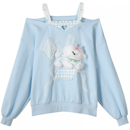 Cutout Shoulder Top Faux Plush Puppy Lace Embellished Blue Plaid Two-pieces