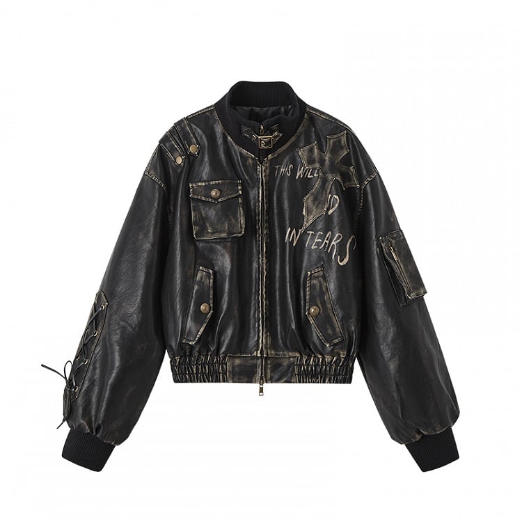 Cross Applique Black Punk Jacket with Lace-up Detailat Sleeve