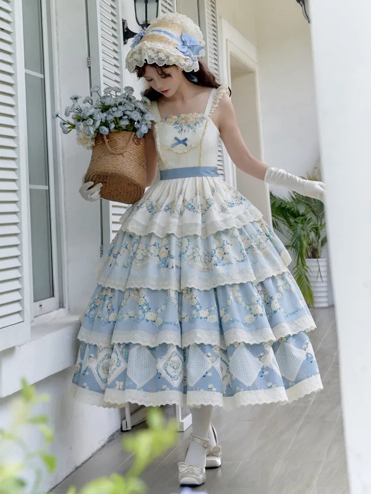Classic Jumper Blue Skirt Floral Dress Basket and Flower Tiered Daisy Print Lolita