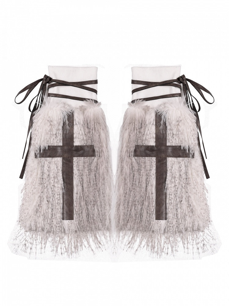 Coffee Gothic PU Cross Shaggy Leg Warmers