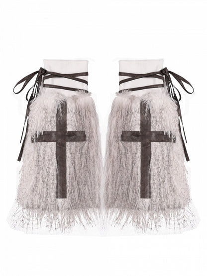 Coffee Gothic PU Cross Shaggy Leg Warmers