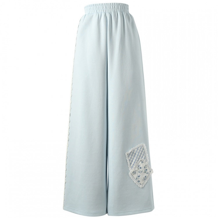 Blue/White Elastic Waist Floral Applique Wide-Leg Pants Regular/Short Version