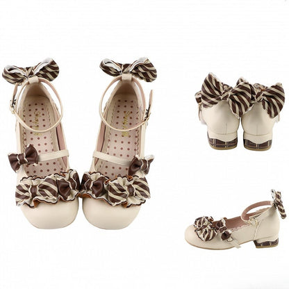 BeigeBrown Details Lolita Heart Bowknot Pattern Striped Buckle