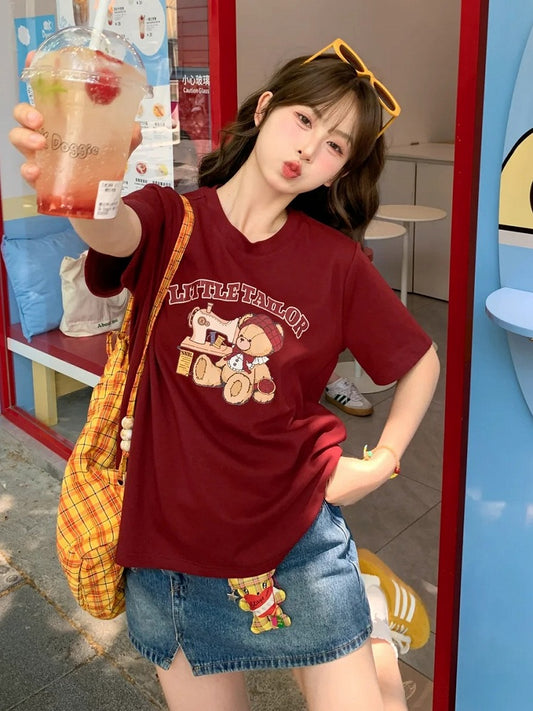 Neck Loose Cartoon Bear Print Wine Red Round T-shirt