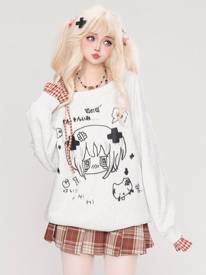 Haut Yami Kawaii noir/blanc à encolure asymétrique et poignets à carreaux