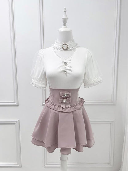 Jirai Kei Blouse Decoration Choker Design White Bowknot and Rhinestone