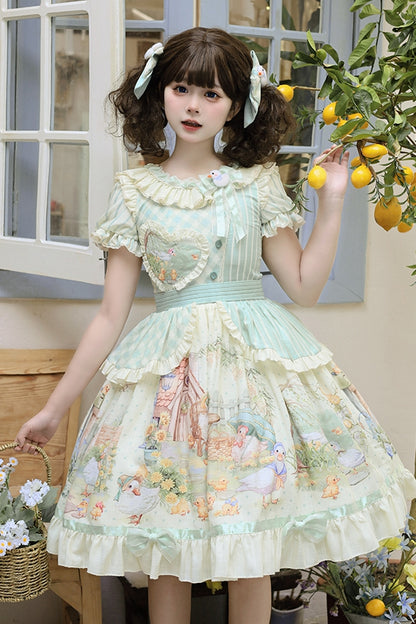 Lolita Short Duckling Sunflower Sweet Print and Sleeves Dress