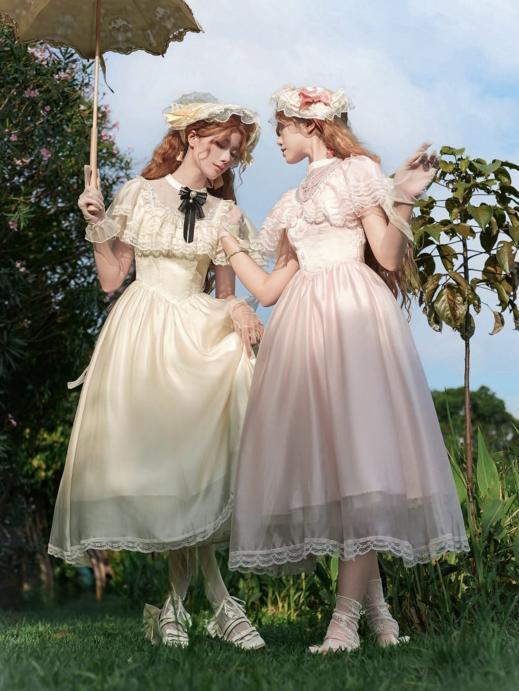 Dress Beige Elegant One Edward Illusion Lolita Piece Square Neck Waist Neckline Basque